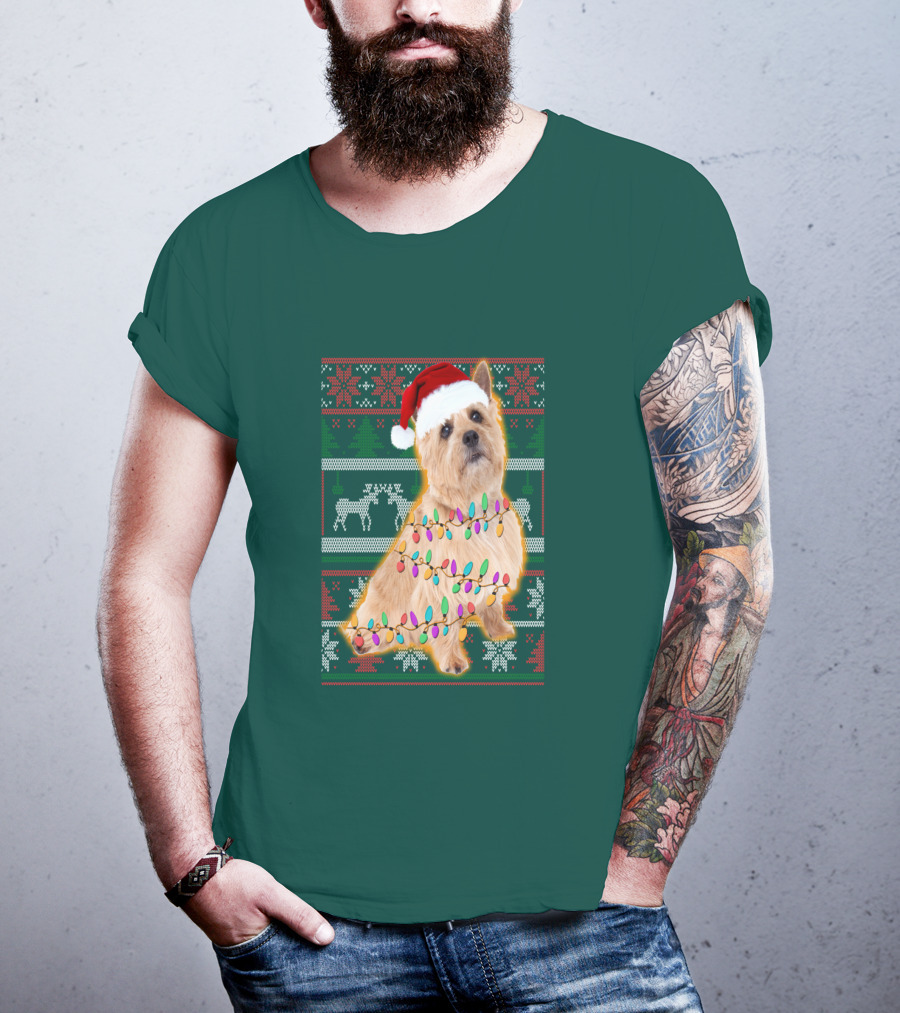Norfolk Terrier Christmas Lights Sweater Santa Hat T-Shirt
