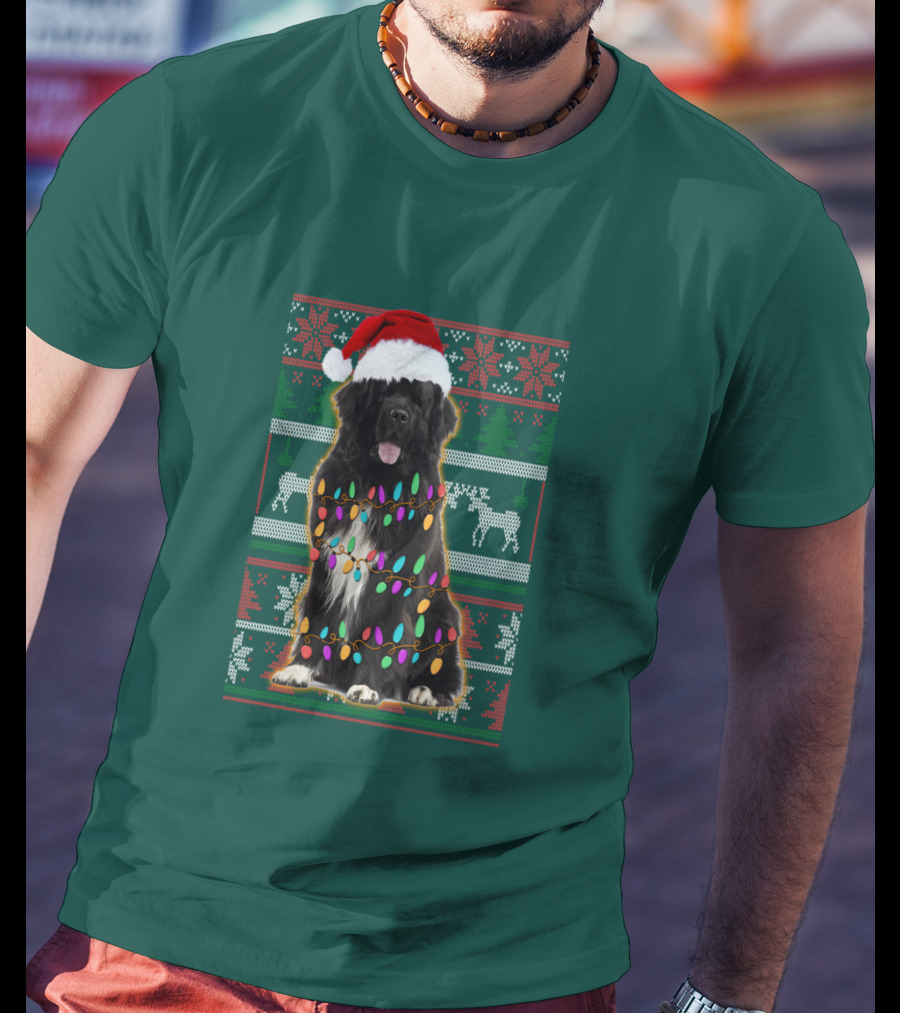 Newfoundland Dog Christmas Lights Santa Hat Ugly T-Shirt