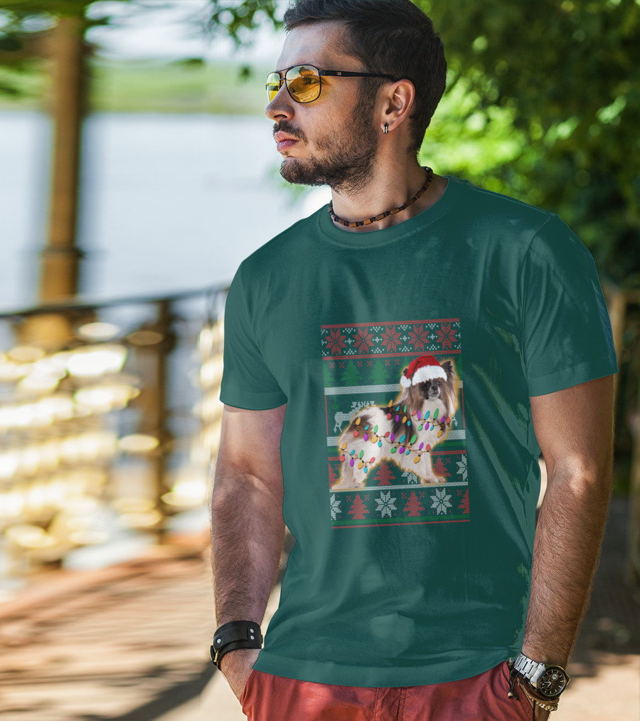 Papillon Dog In Christmas Sweater With Lights And Santa Hat T-Shirt