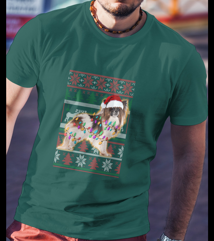 Papillon Dog In Christmas Sweater With Lights And Santa Hat T-Shirt