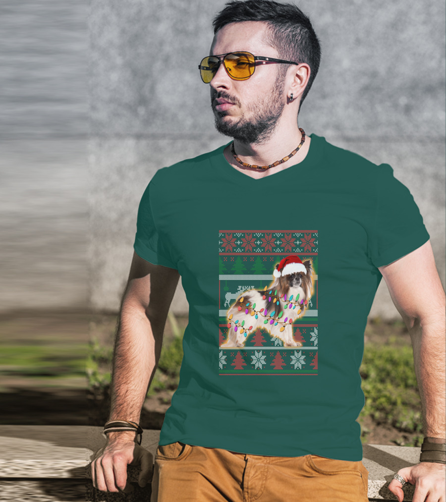 Papillon Dog In Christmas Sweater With Lights And Santa Hat T-Shirt