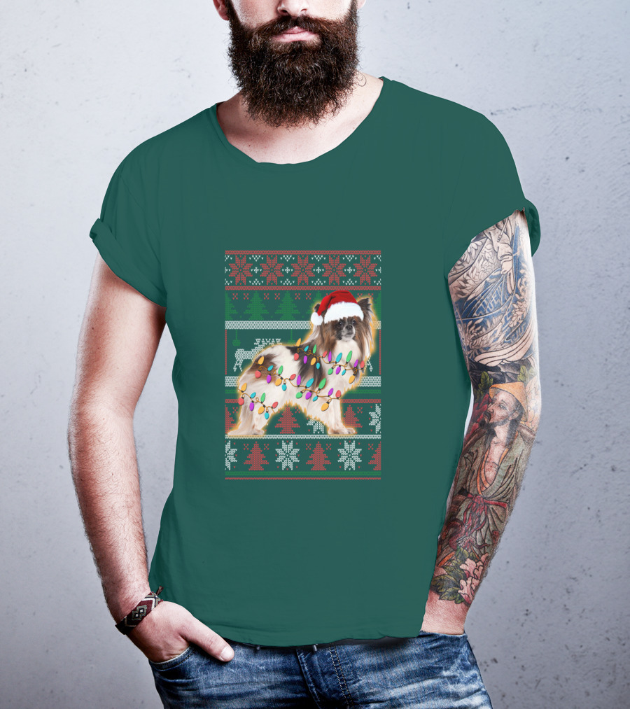 Papillon Dog In Christmas Sweater With Lights And Santa Hat T-Shirt