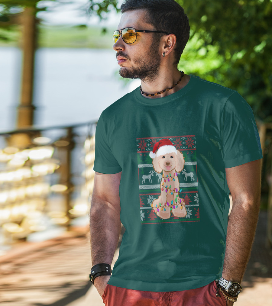 Poodle Santa Hat Christmas Lights Ugly Sweater Reindeer Snowflakes T-Shirt