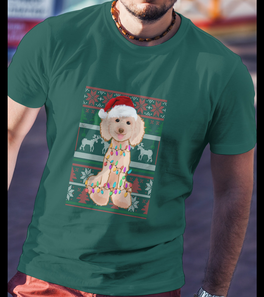 Poodle Santa Hat Christmas Lights Ugly Sweater Reindeer Snowflakes T-Shirt