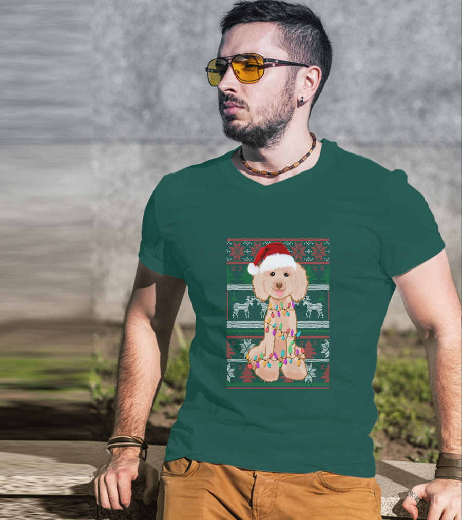 Poodle Santa Hat Christmas Lights Ugly Sweater Reindeer Snowflakes T-Shirt