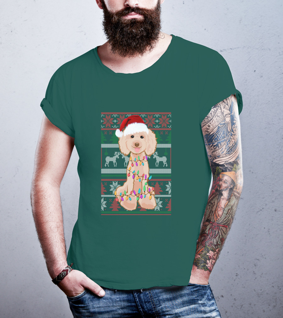 Poodle Santa Hat Christmas Lights Ugly Sweater Reindeer Snowflakes T-Shirt