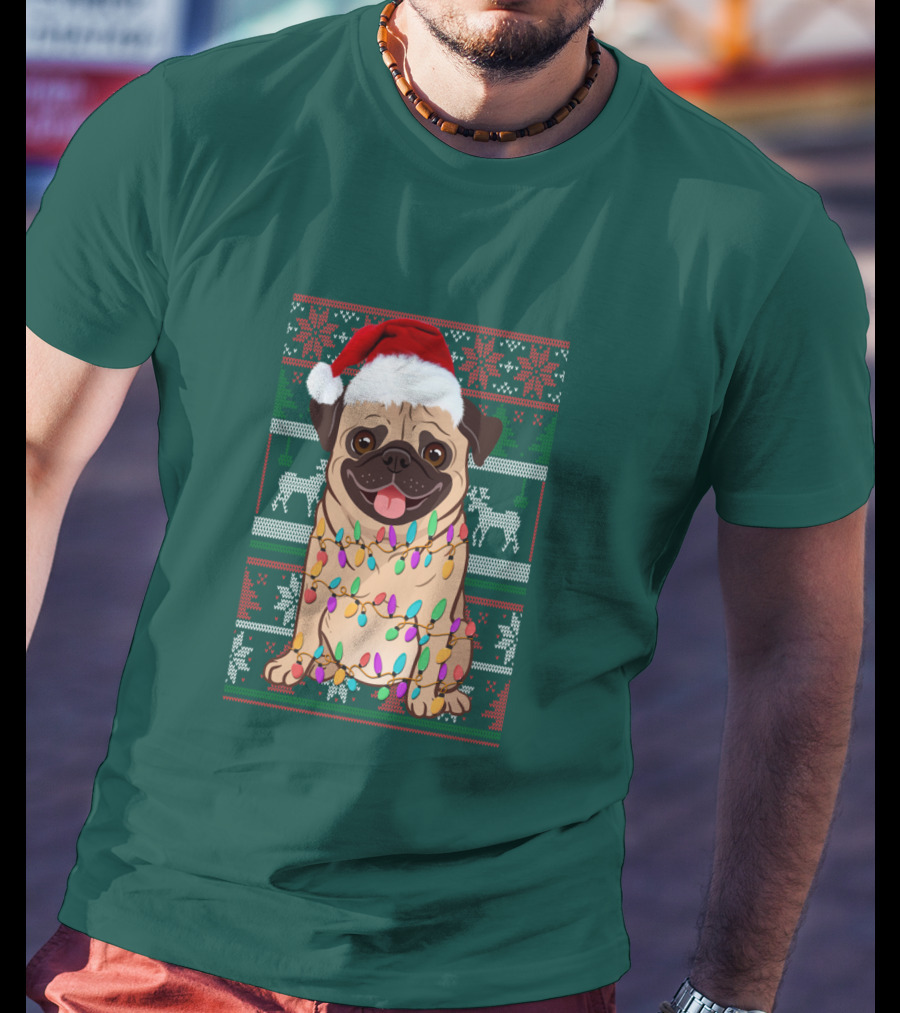 Pug Christmas Santa Hat Holiday Lights Sweater Reindeer T-Shirt