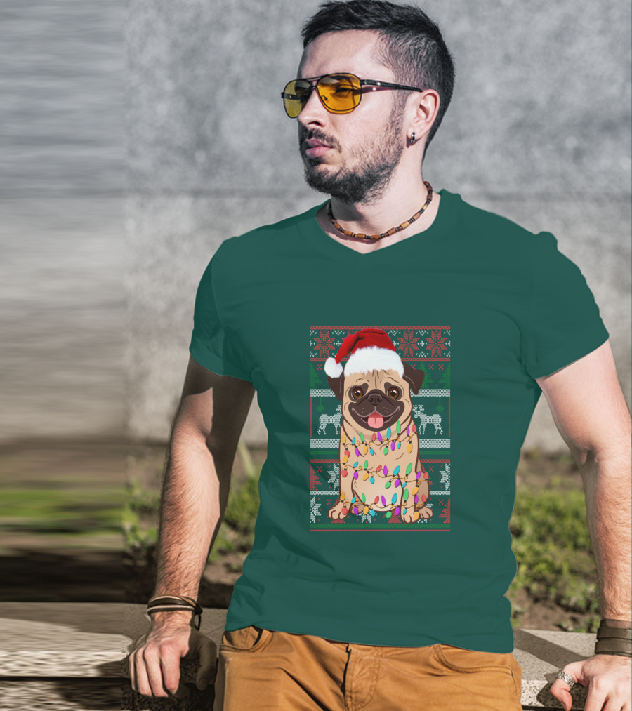 Pug Christmas Santa Hat Holiday Lights Sweater Reindeer T-Shirt