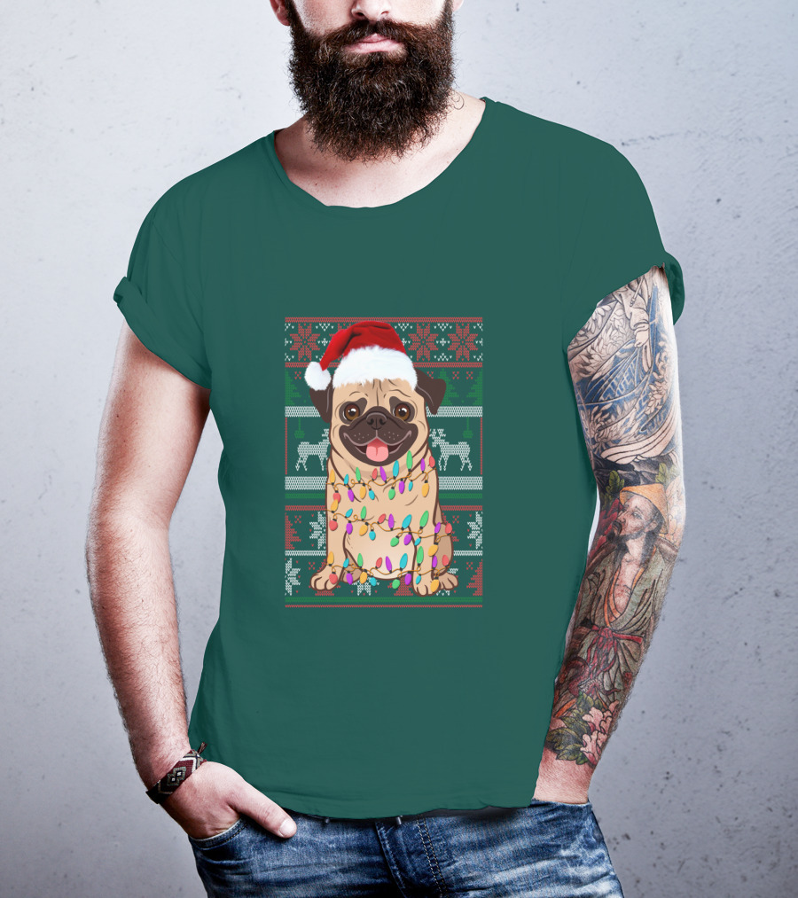 Pug Christmas Santa Hat Holiday Lights Sweater Reindeer T-Shirt