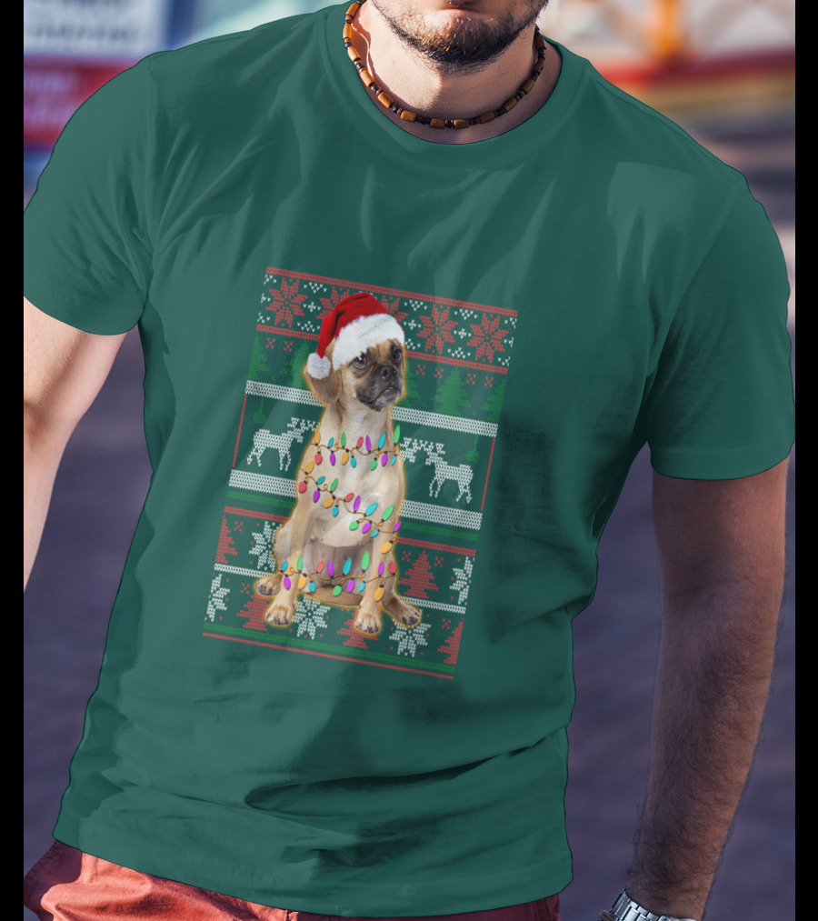 Puggle Christmas Santa Hat With Holiday Lights T-Shirt