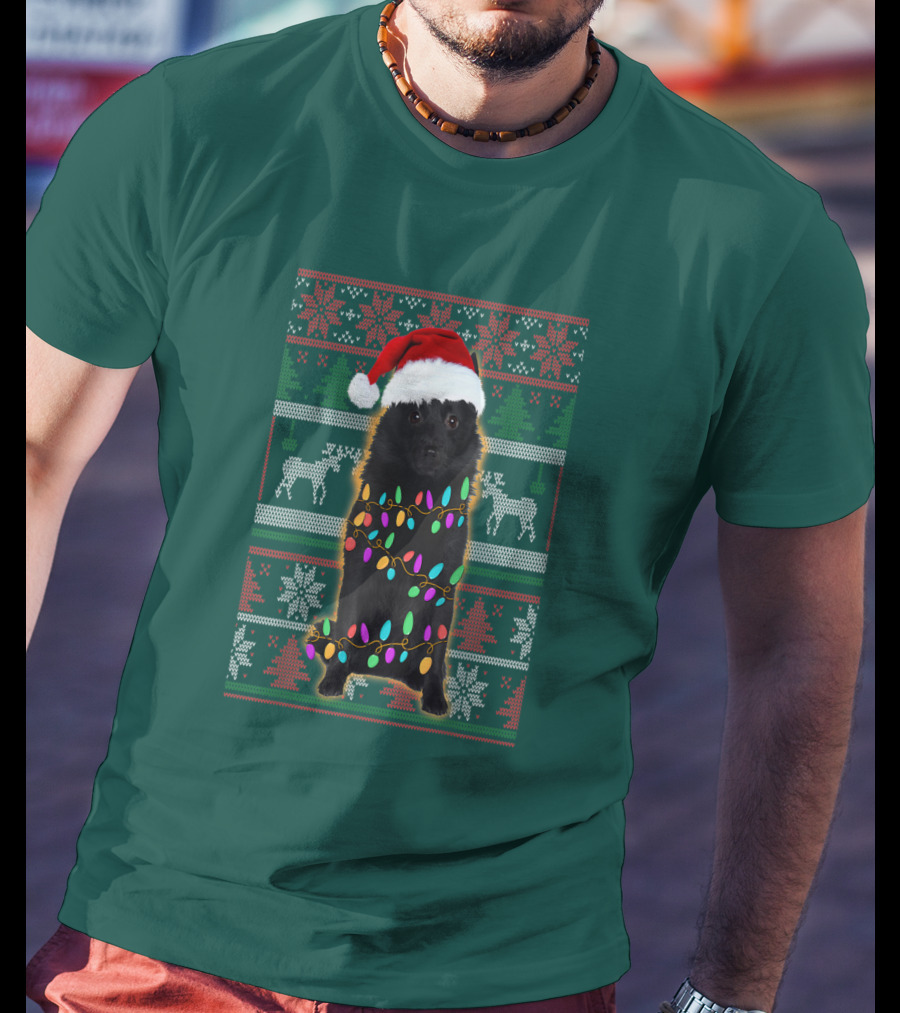 Schipperke Santa Hat Festive Christmas Lights Ugly T-Shirt