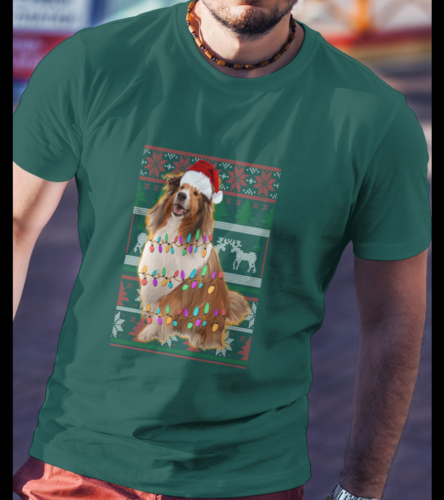 Shetland Sheepdog Christmas Lights Sweater Santa Hat Holiday Festive T-Shirt