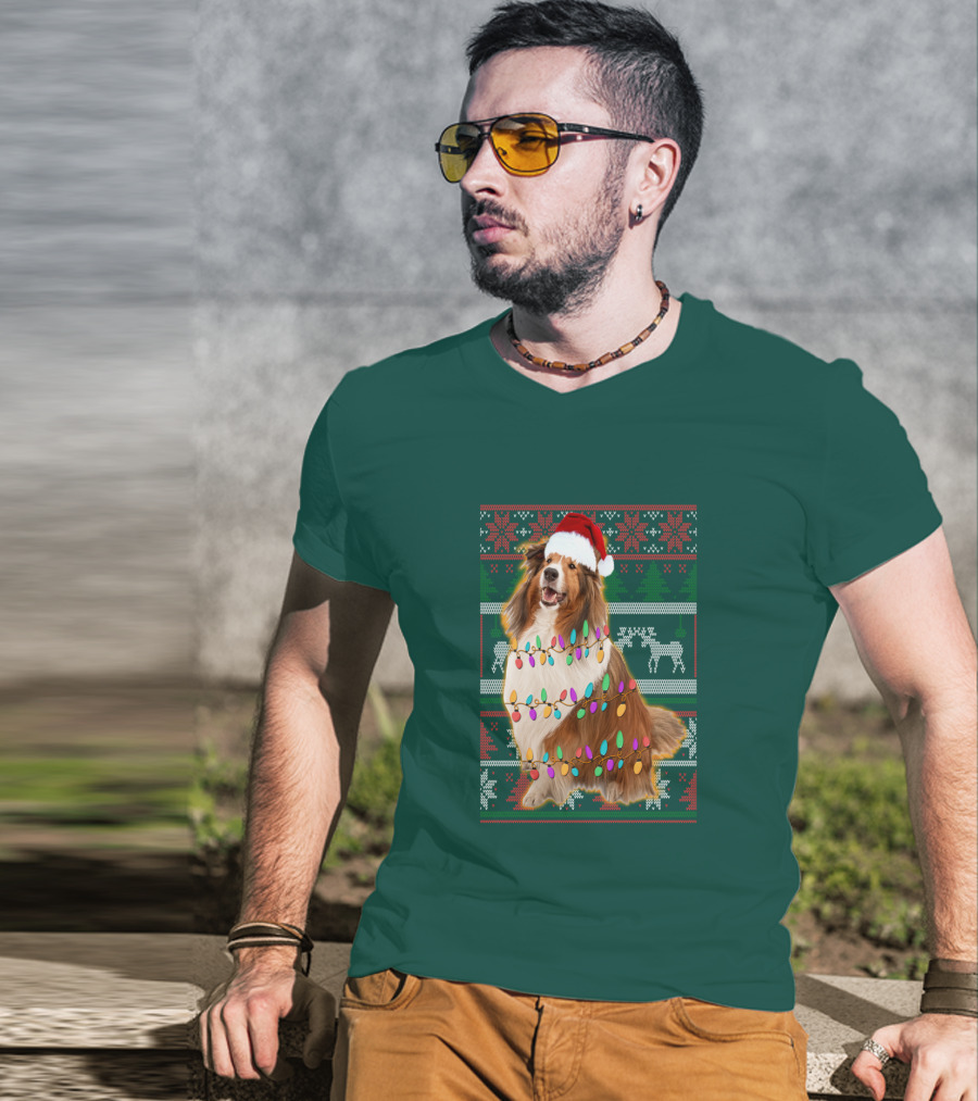 Shetland Sheepdog Christmas Lights Sweater Santa Hat Holiday Festive T-Shirt