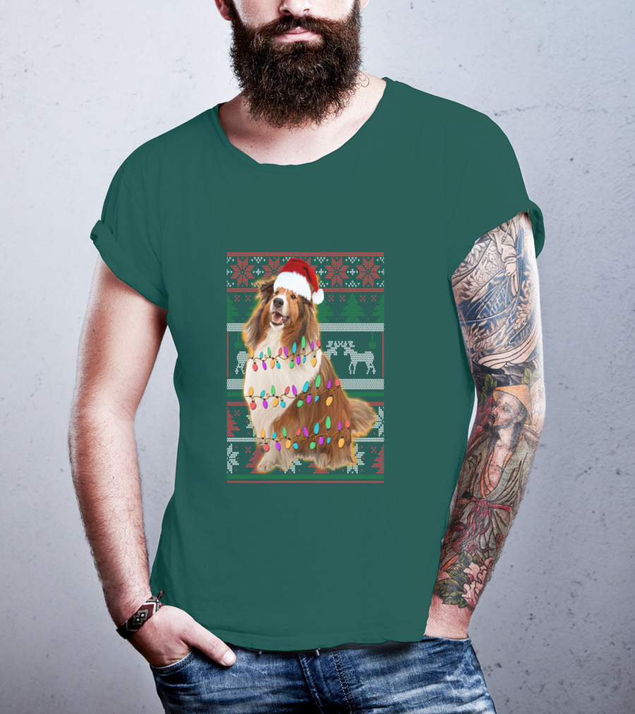 Shetland Sheepdog Christmas Lights Sweater Santa Hat Holiday Festive T-Shirt