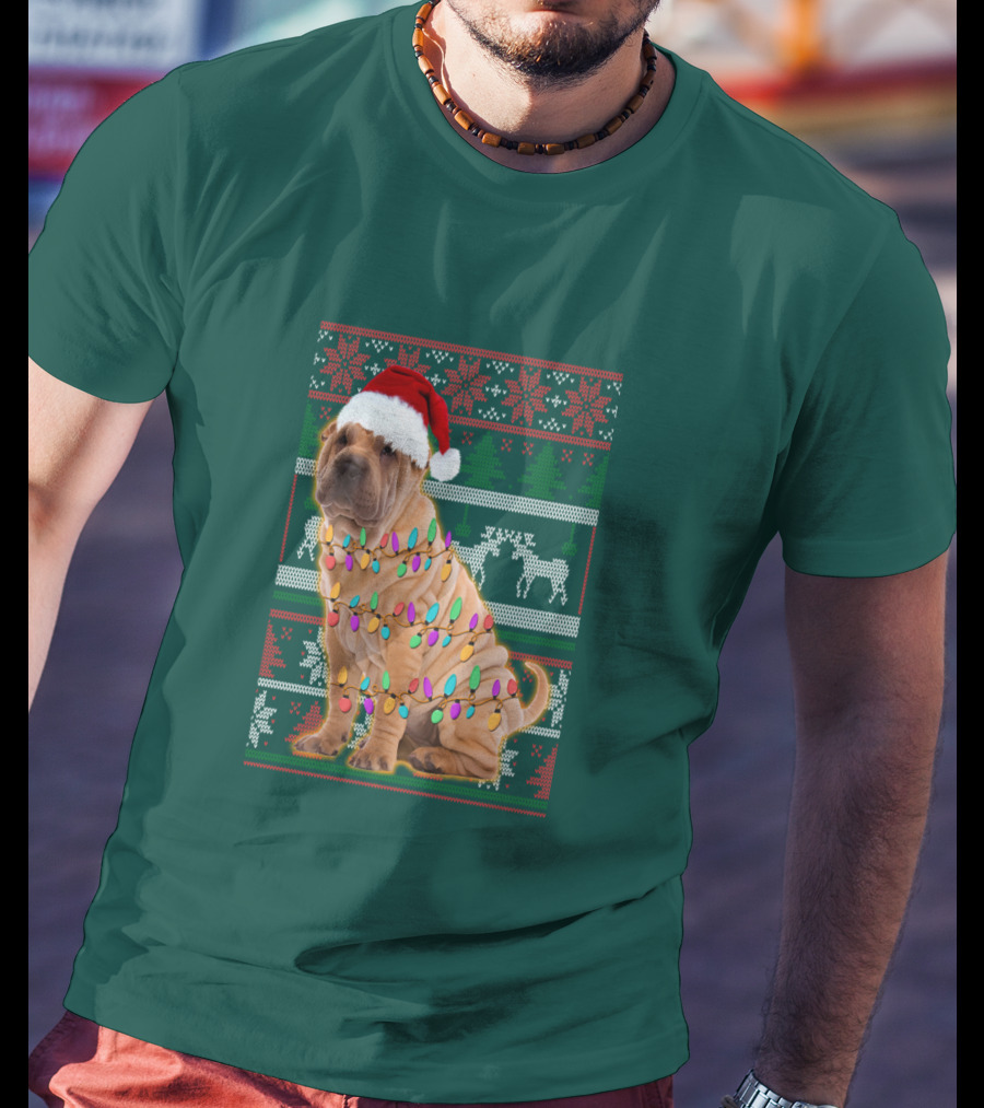 Shar Pei Christmas Lights Santa Hat Puppy T-Shirt