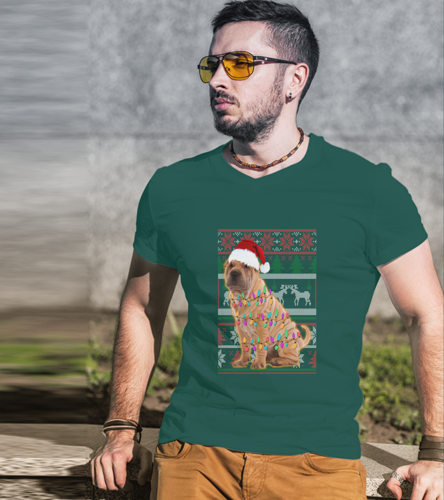 Shar Pei Christmas Lights Santa Hat Puppy T-Shirt