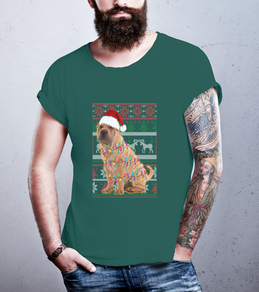 Shar Pei Christmas Lights Santa Hat Puppy T-Shirt