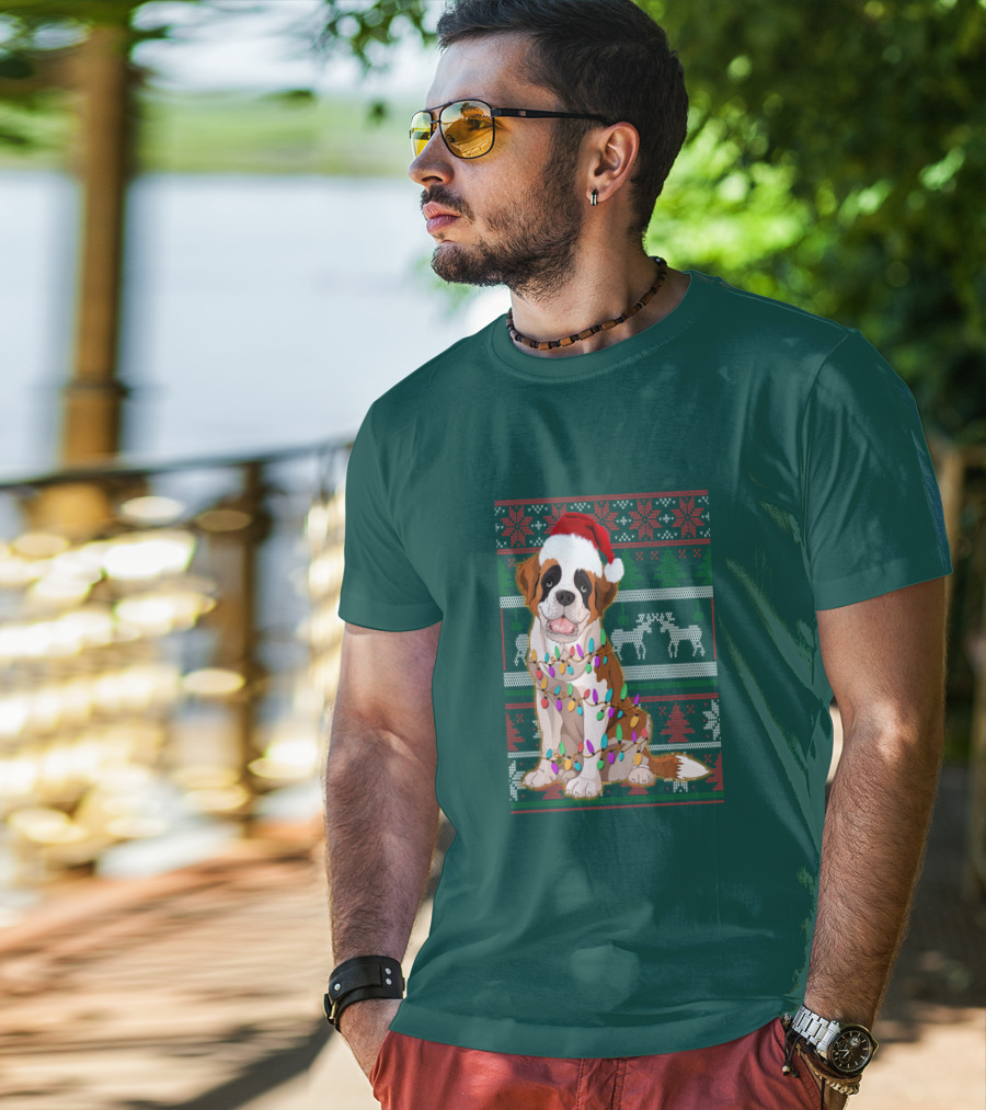 St Bernard Christmas Lights Ugly T-Shirt