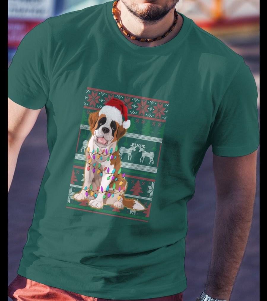 St Bernard Christmas Lights Ugly T-Shirt