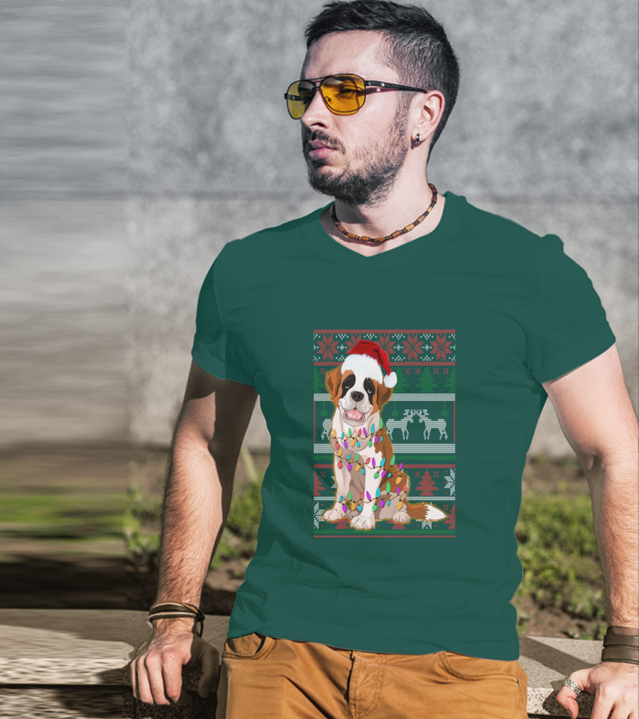 St Bernard Christmas Lights Ugly T-Shirt
