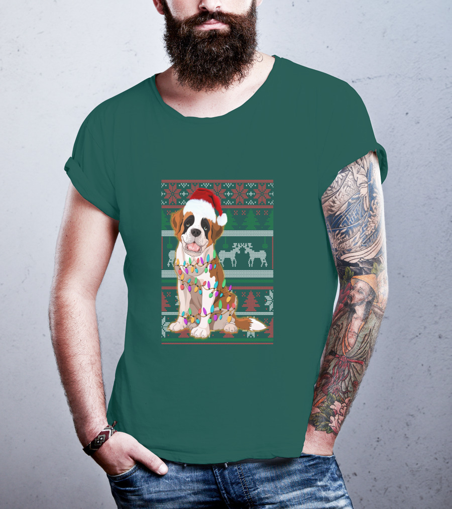 St Bernard Christmas Lights Ugly T-Shirt