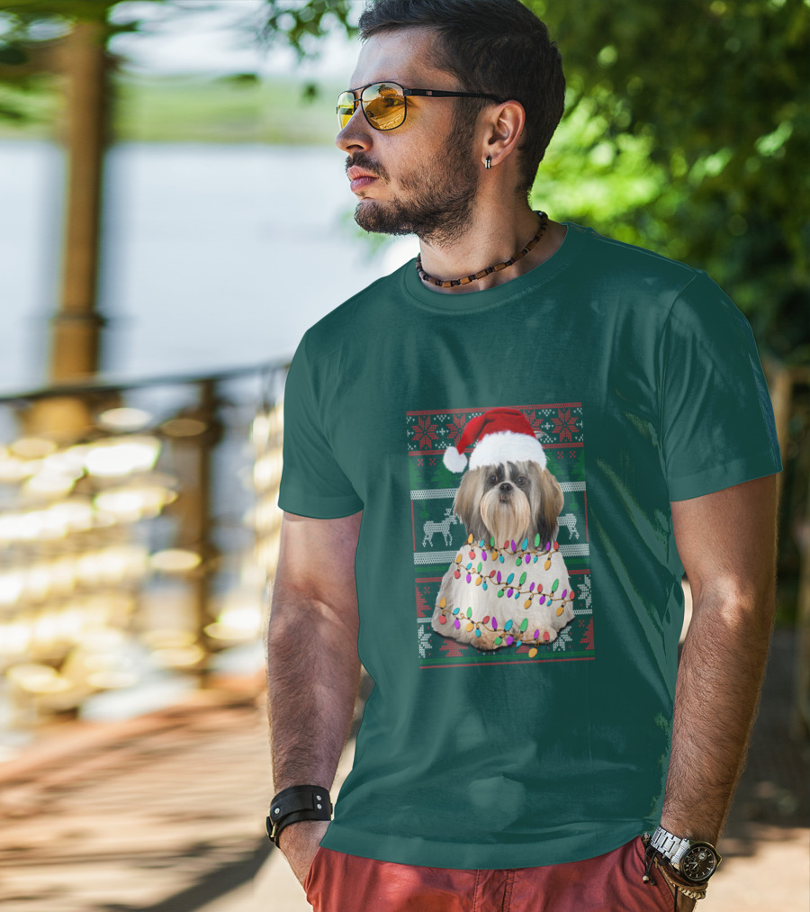 Shih Tzu Christmas Lights Santa Hat Holiday T-Shirt