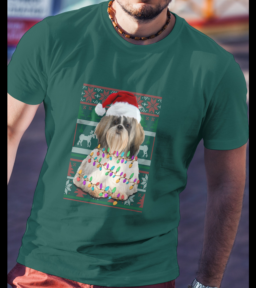 Shih Tzu Christmas Lights Santa Hat Holiday T-Shirt