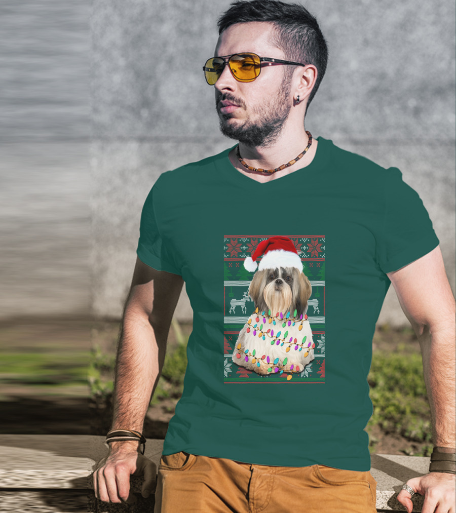 Shih Tzu Christmas Lights Santa Hat Holiday T-Shirt