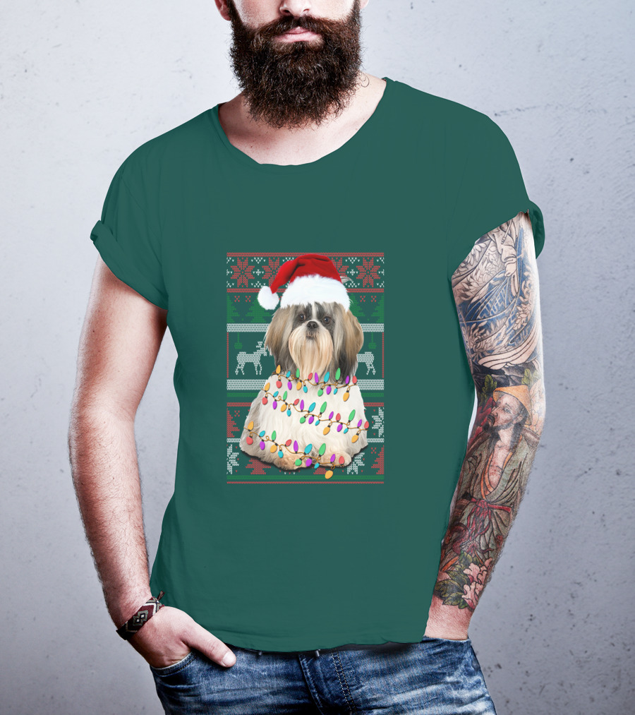 Shih Tzu Christmas Lights Santa Hat Holiday T-Shirt