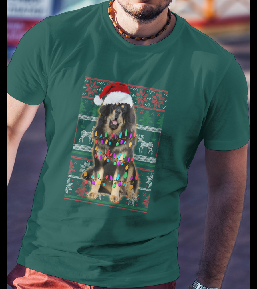 Tibetan Mastiff Christmas Sweater With Lights And Santa Hat T-Shirt