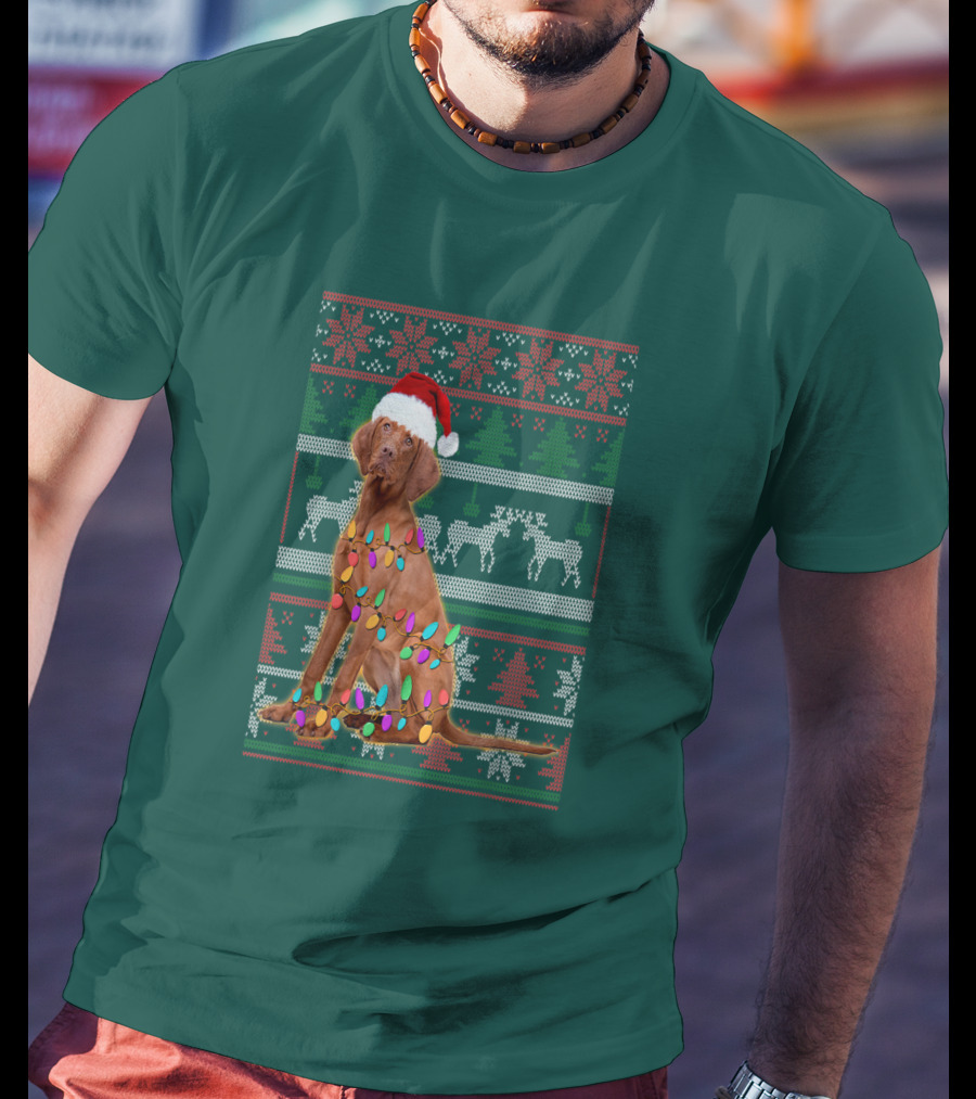 Vizsla Christmas Lights Santa Hat Ugly T-Shirt