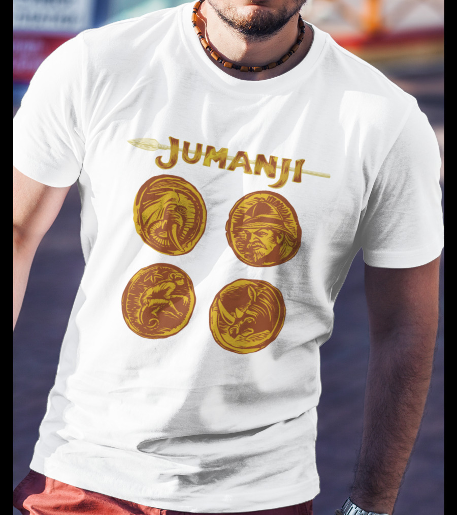 Jumanji Character Portrait Coins And Spear Sketch T-Shirt