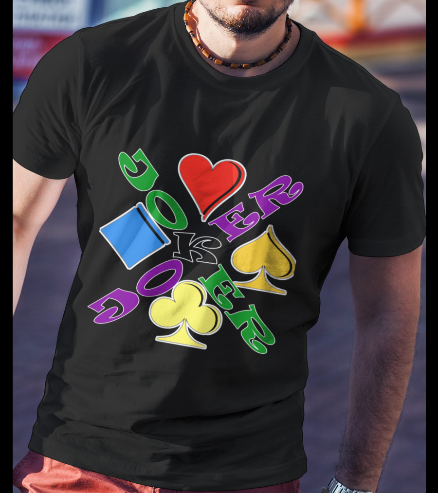 Rainbow Colored Joker Heart Spade Club Diamond Playing Cards T-Shirt
