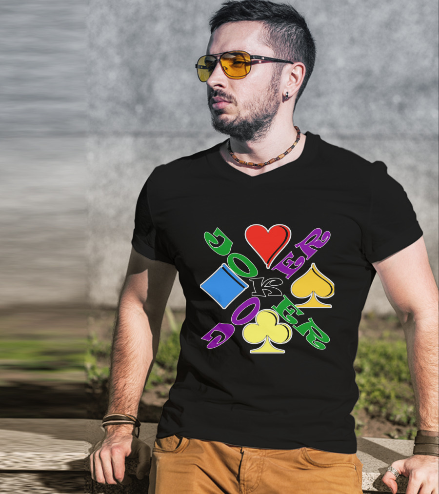 Rainbow Colored Joker Heart Spade Club Diamond Playing Cards T-Shirt