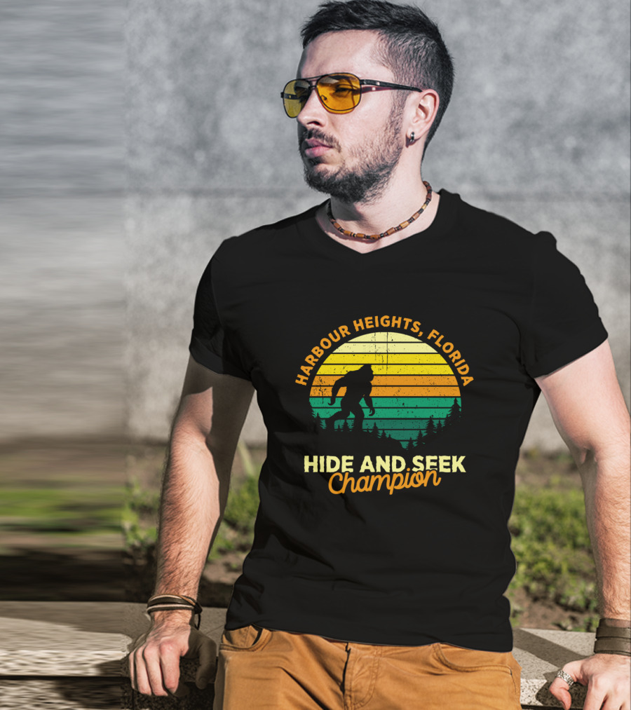 Harbour Heights Florida Bigfoot Hide And Seek Champion Retro Sunset T-Shirt