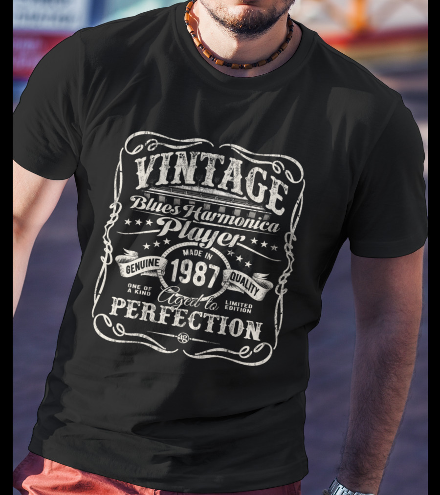 Vintage Blues Harmonica Player Made In 1987 Aged To Perfection Genuine Quality T-Shirt