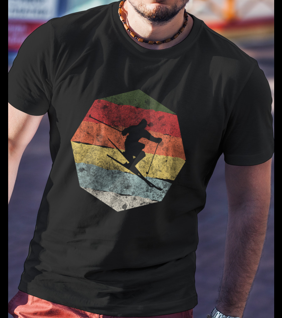 Vintage Winter Skier Birthday Hexagonal Retro Stripes T-Shirt