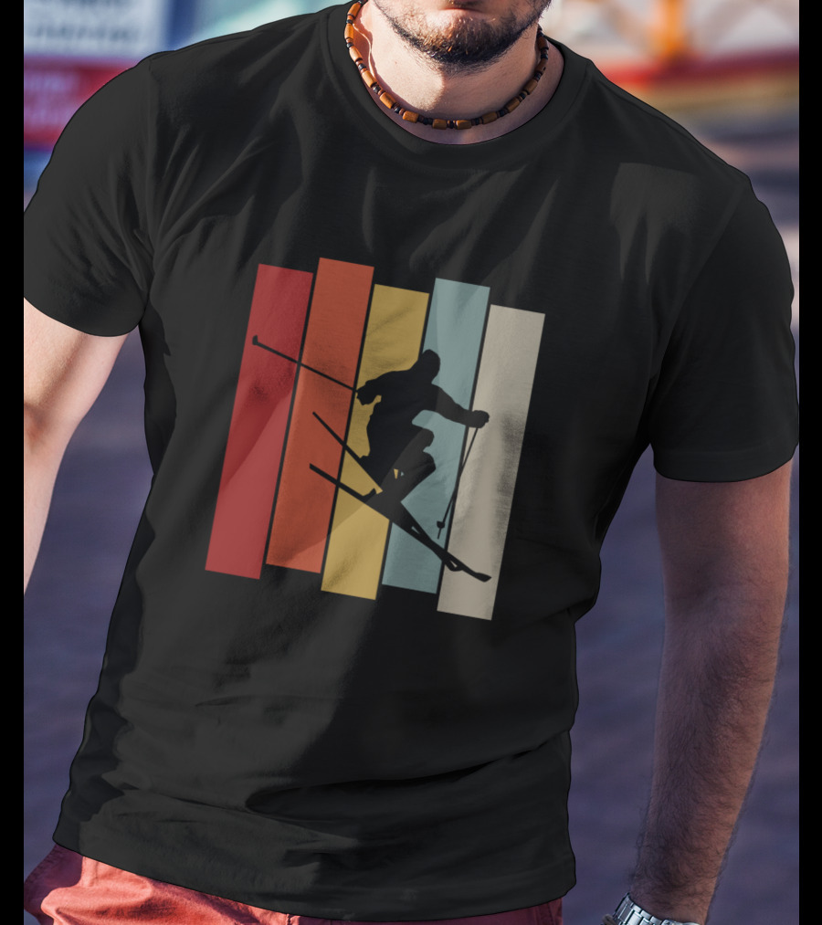 Vintage Skiing Silhouette On Colorful Retro Stripes T-Shirt