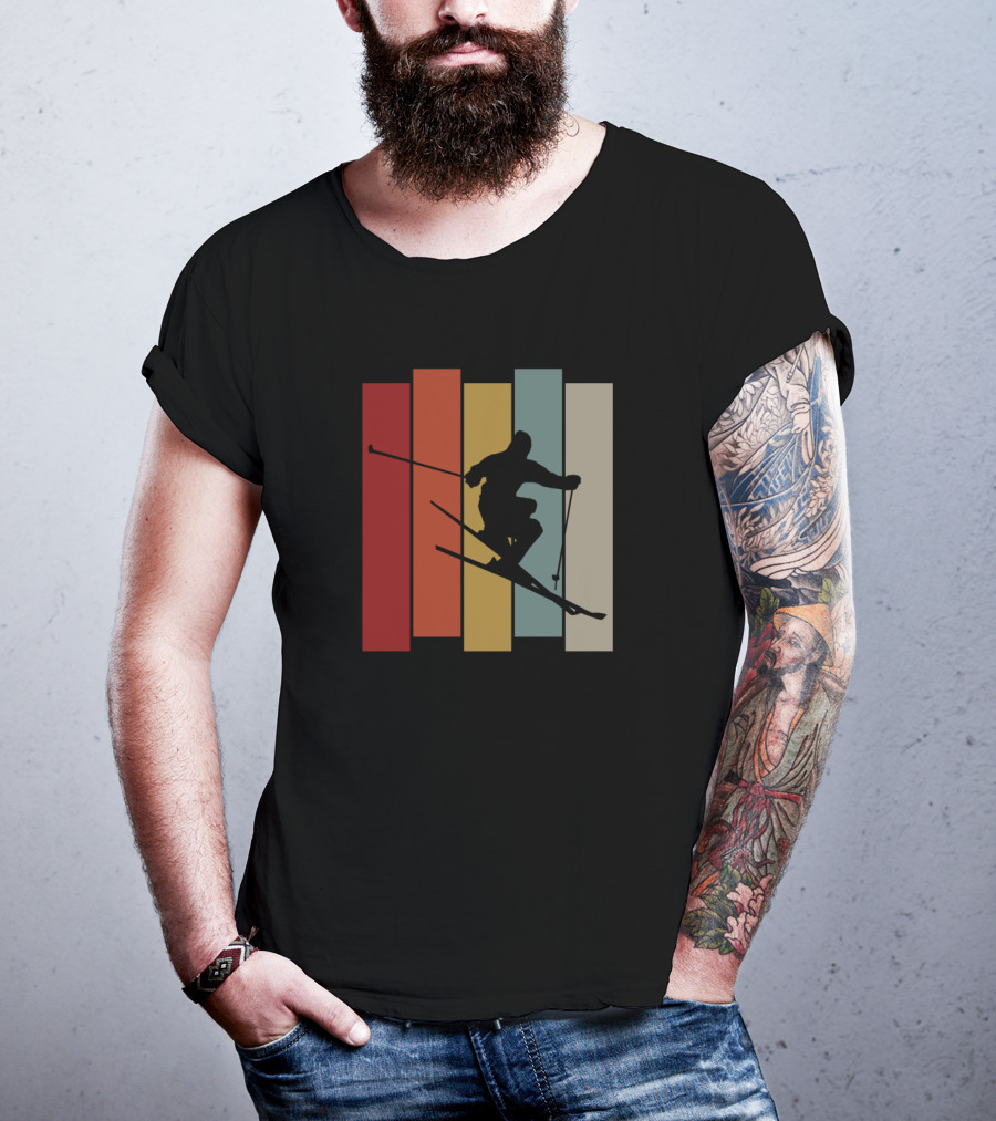 Vintage Skiing Silhouette On Colorful Retro Stripes T-Shirt