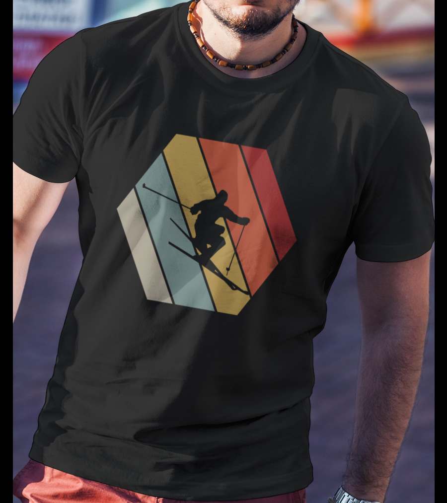 Funny Vintage Skier Hexagonal Stripes Winter T-Shirt