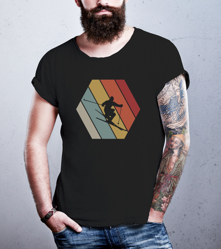 Funny Vintage Skier Hexagonal Stripes Winter T-Shirt