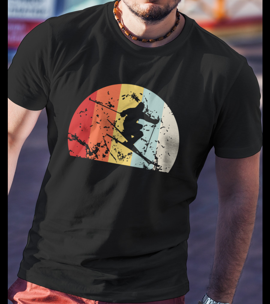 Retro Vintage Skiing Silhouette With Colorful Sunset Stripes T-Shirt