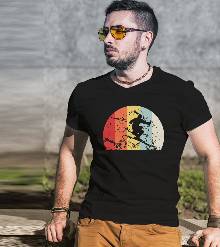 Retro Vintage Skiing Silhouette With Colorful Sunset Stripes T-Shirt