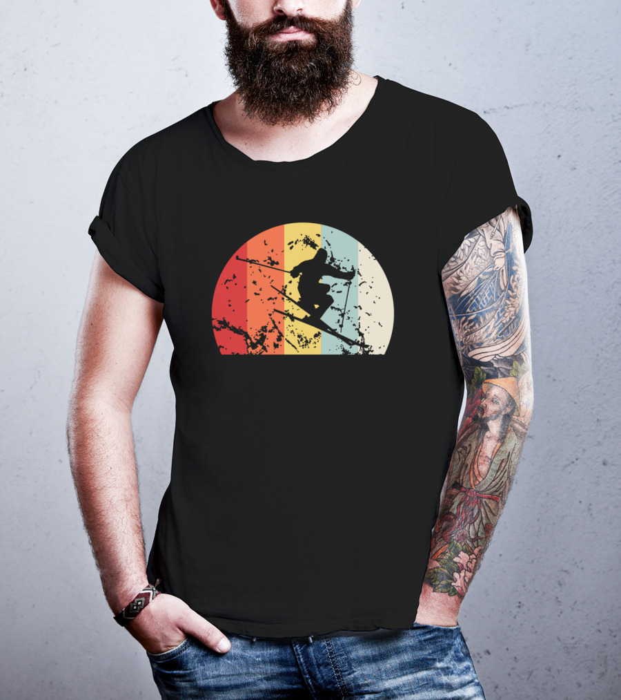 Retro Vintage Skiing Silhouette With Colorful Sunset Stripes T-Shirt