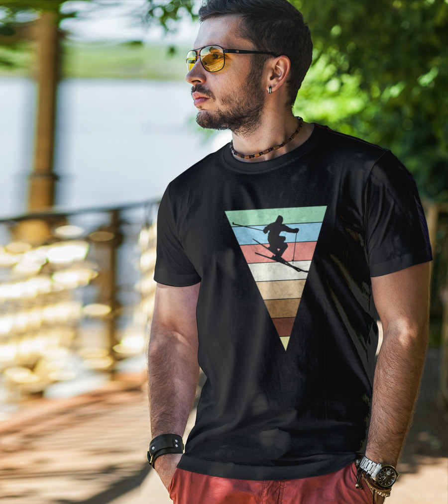 Skiing Vintage Print Silhouette With Retro Stripes For Skiers T-Shirt