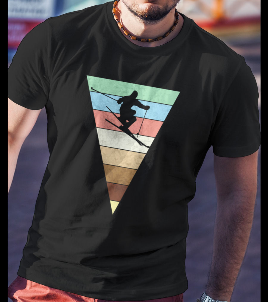 Skiing Vintage Print Silhouette With Retro Stripes For Skiers T-Shirt
