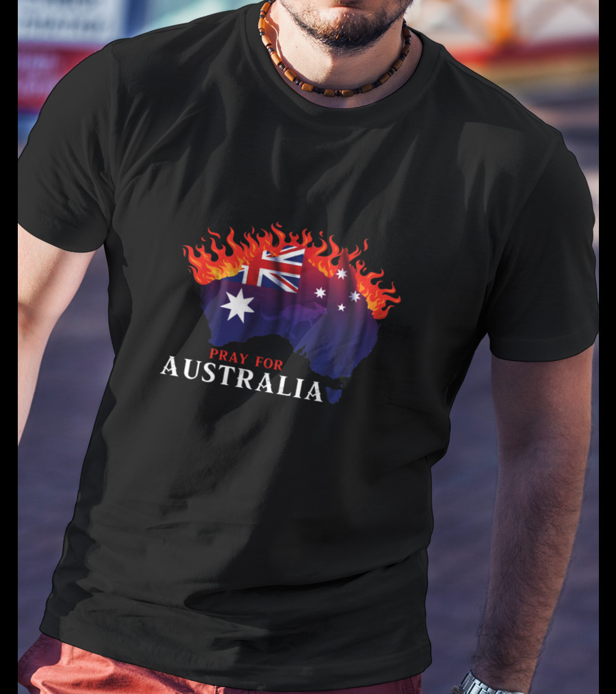 Pray For Australia Fire Relief Support Australia Flag In Flames T-Shirt