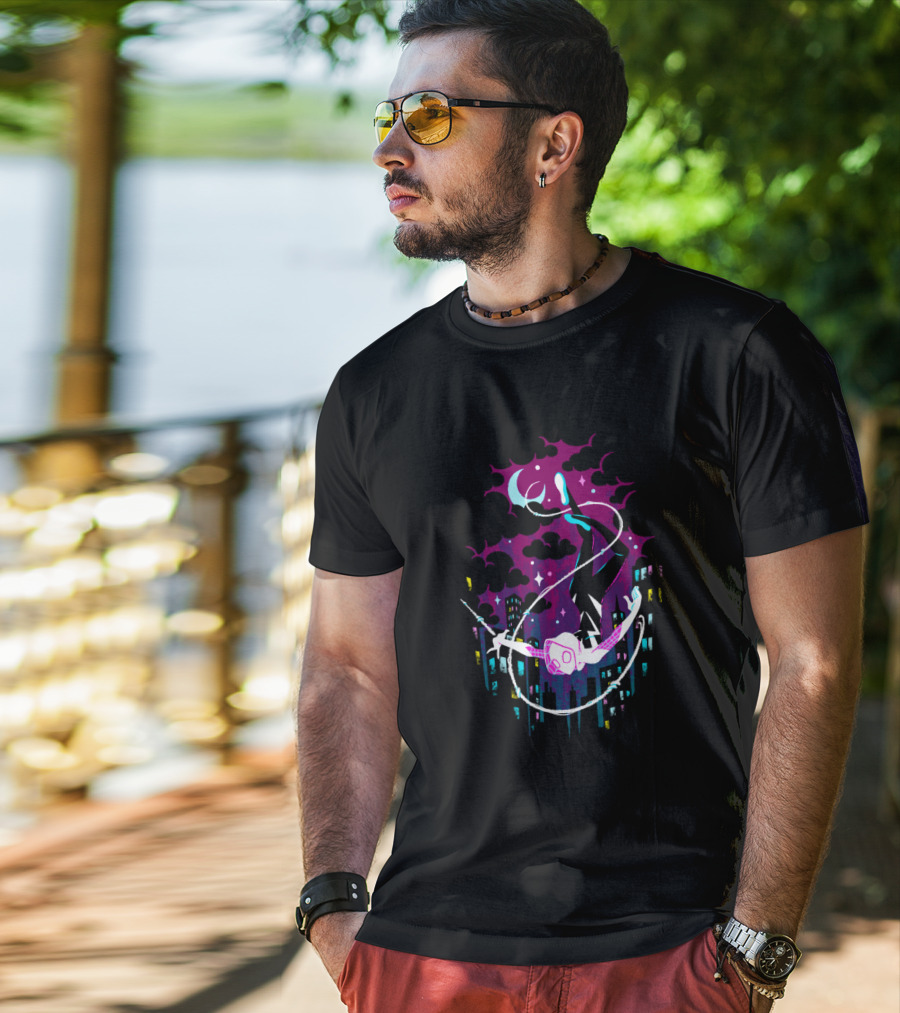 Marvel Ghost Spider Swinging Through Neon City Skyline T-Shirt