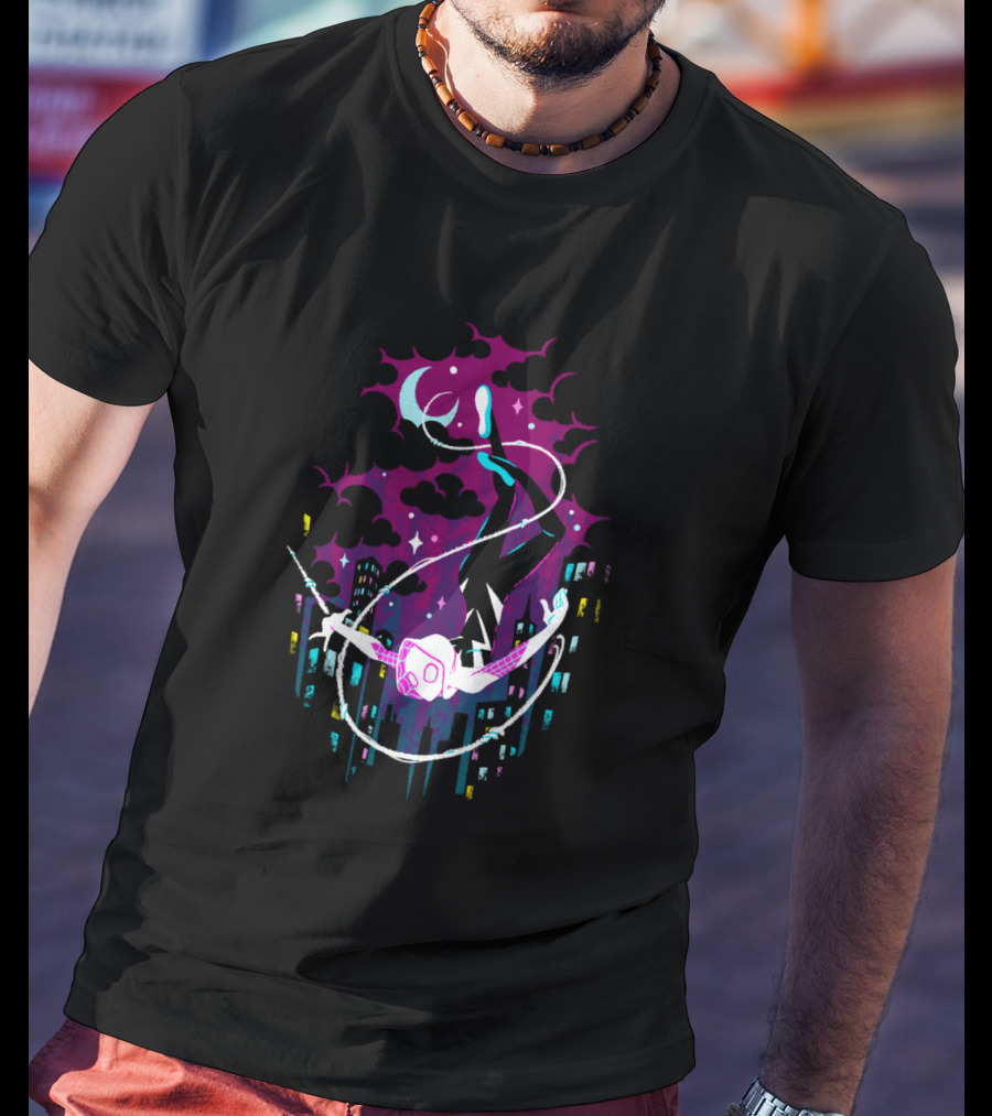 Marvel Ghost Spider Swinging Through Neon City Skyline T-Shirt