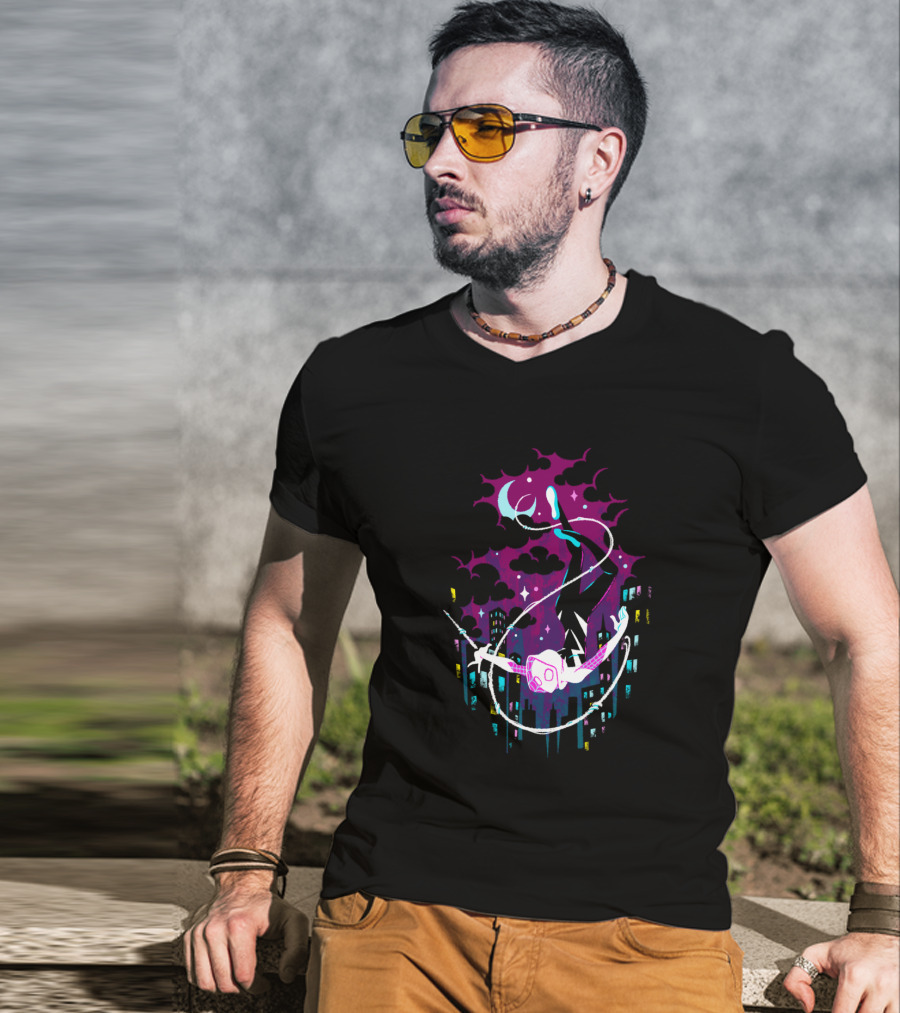 Marvel Ghost Spider Swinging Through Neon City Skyline T-Shirt
